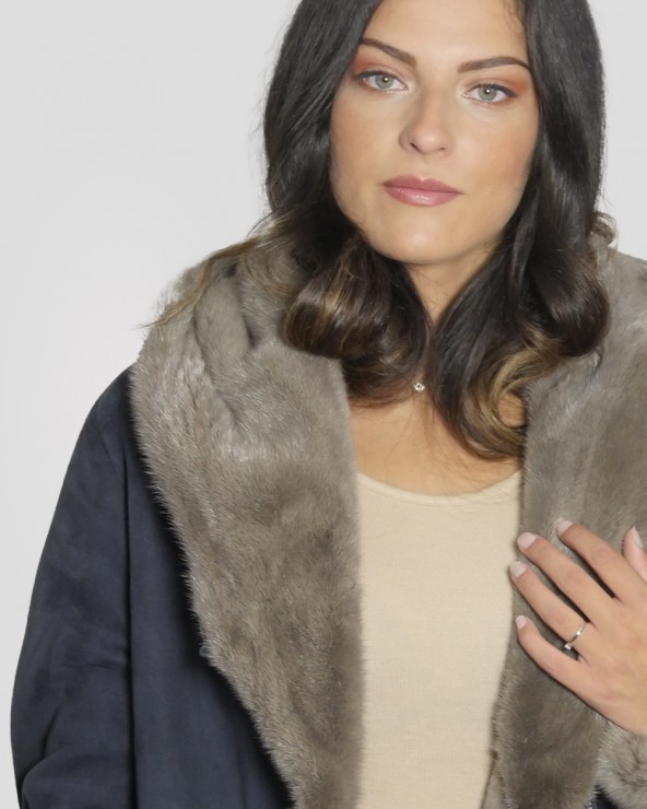 Manteau bleu en peau lainée de mouton et fourrure de vison femme LEVINSKY Ref: PIEMONTE
