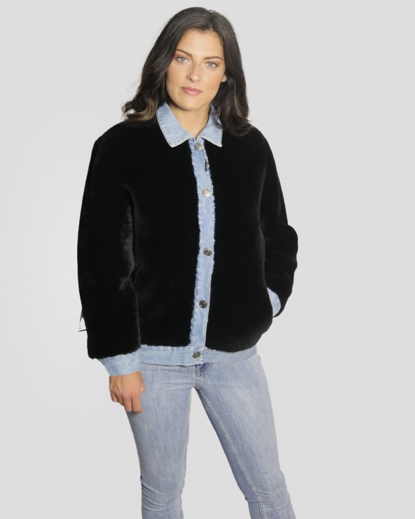 Blouson noir et bleu en jeans et peaux lainées de mouton femme GIORGIO & MARIO Ref: MIKINA