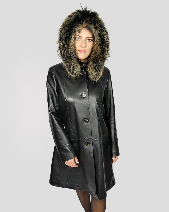 Manteau noir à capuche en cuir d'agneau femme GIORGIO & MARIO