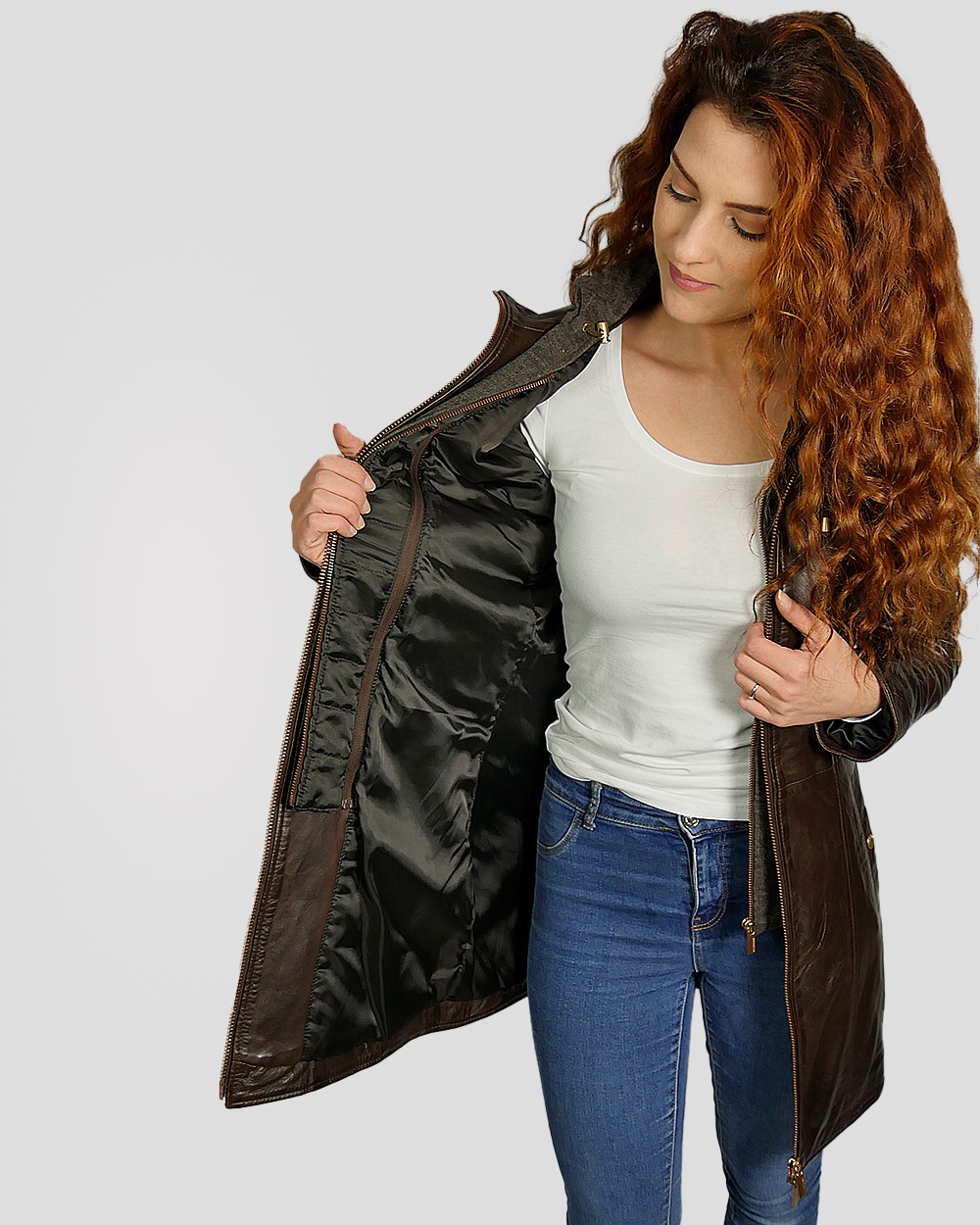 Manteau marron ?� capuche en cuir d'agneau MILESTONE - KOZHA